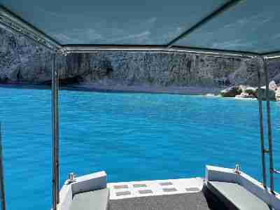 View from the boat to turquoise waters in Kefalonia